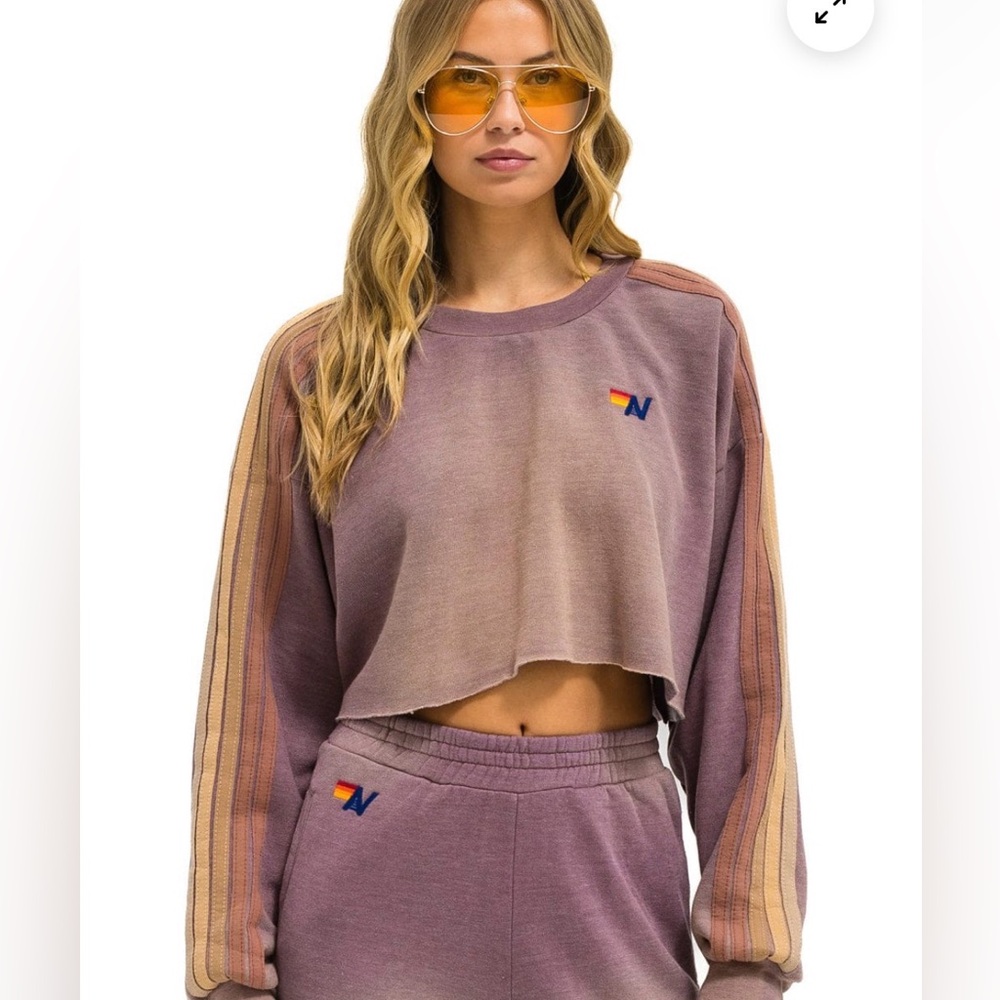 Aviator Nation CLASSIC STRIPE CROPPED CREW SWEATSHIRT RELAXED - FADED Mocha sz M